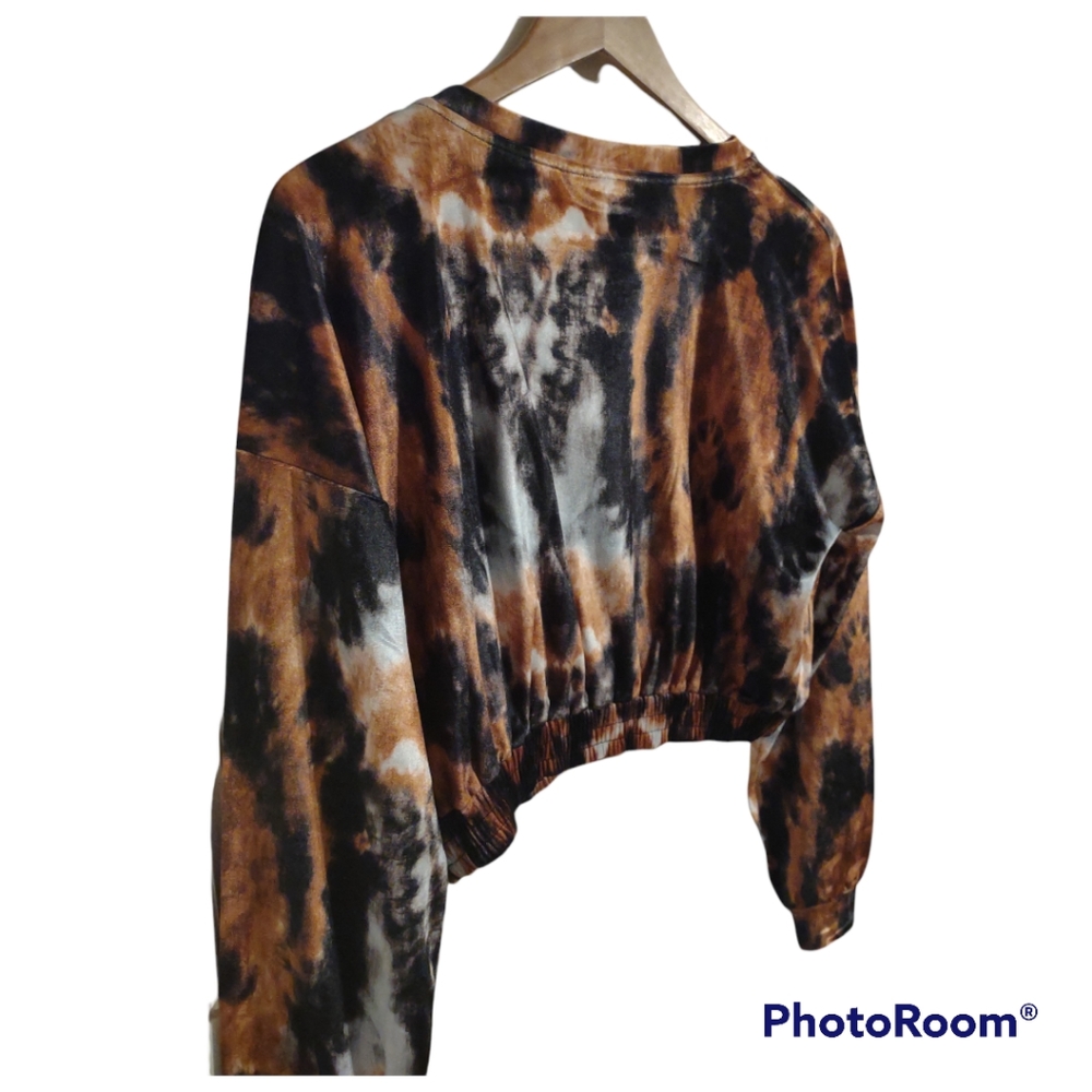Topshop Women's Tie Dye Long Sleeve Stretch Velvet Top In Orange Multi - Picture 6 of 6